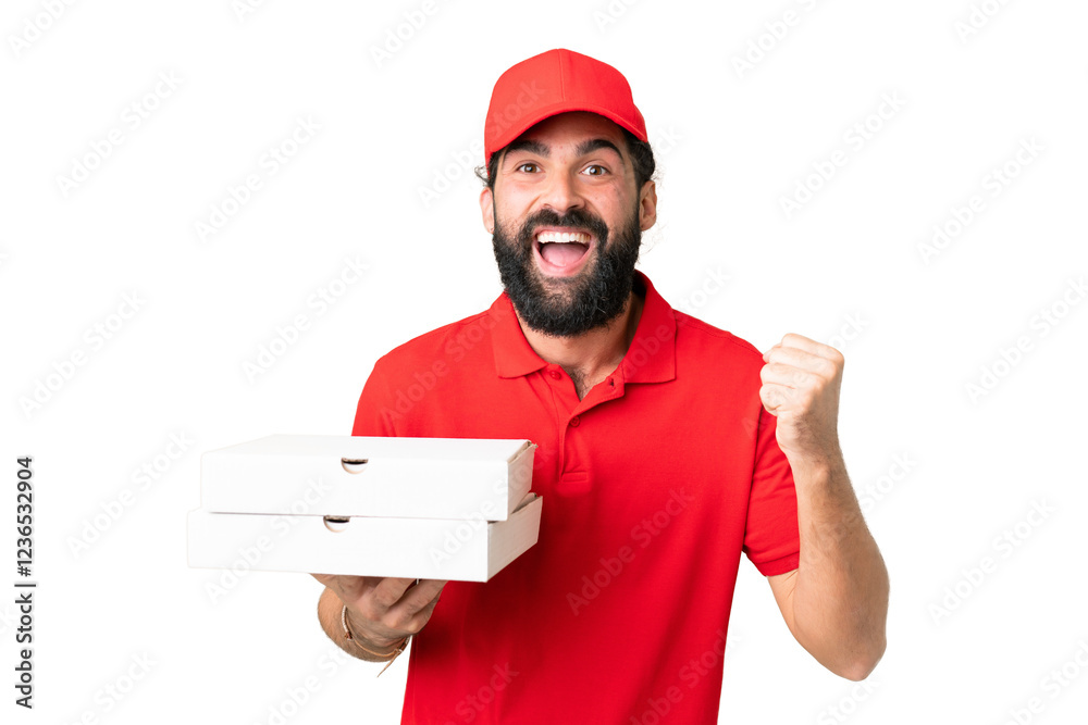 Pizza delivery man with work uniform picking up pizza boxes over isolated chroma key background celebrating a victory in winner position Pizza delivery man with work uniform picking up pizza boxes over isolated chroma key background celebrating a victory in winner position