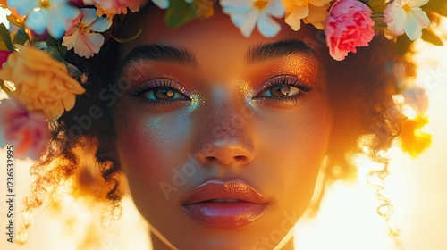 Golden Hour Beauty Portrait with Floral Crown Ethereal and Fantasy Portrait Photography Golden Hour Beauty Editorials Bohemian and Floral-Inspired Fashion Photography