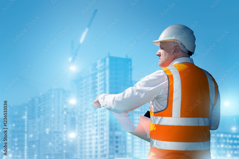Man engineer builder. Architect near high-rise buildings under construction. Erection of multi-storey buildings. Man builder in orange vest. Architectural engineer holding working documentation Man engineer builder. Architect near high-rise buildings under construction. Erection of multi-storey buildings. Man builder in orange vest. Architectural engineer holding working documentation
