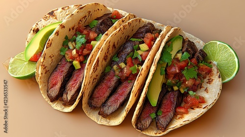 Delicious steak tacos savory vibrant appetizing mexican food tacos steak avocado salsa lime tortilla food meal cuisine lunch dinner mexican