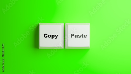 Copy paste. Computer keys on green. Keyboard buttons labeled copy paste. Keys for creating duplicate information. Data cloning. Buttons for copying text or folders. Copy paste logo. 3d image