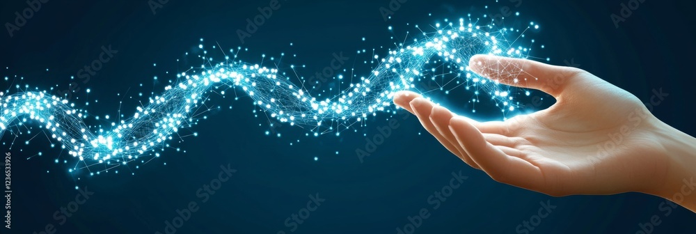 Fototapeta premium A Hand Reaching Out to Touch a Glowing Network of Interconnected Dots on a Blue Background