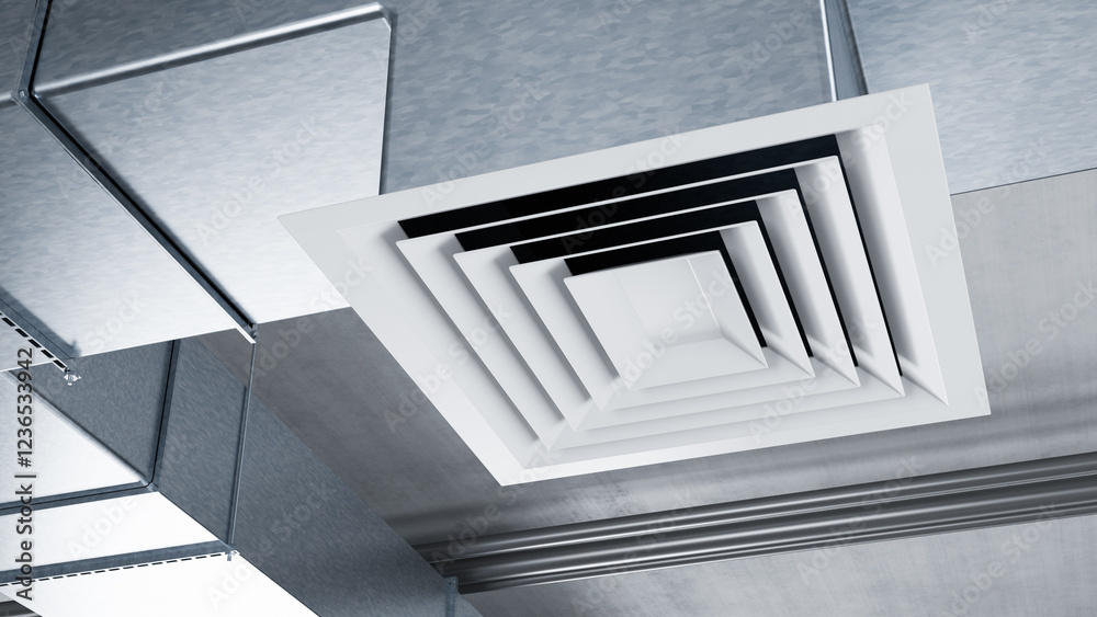 Obraz premium Aluminum ventilation shaft. Pipes for air purification under ceiling. Ventilation shaft in industrial room. Air conditioning system in building. Ventilation shaft for oxygen recirculation. 3d image