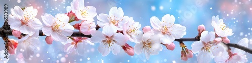 Springtime Blossoms Branch of Flowering Tree with Pink Buds and White Flowers, Blue Sky Background
