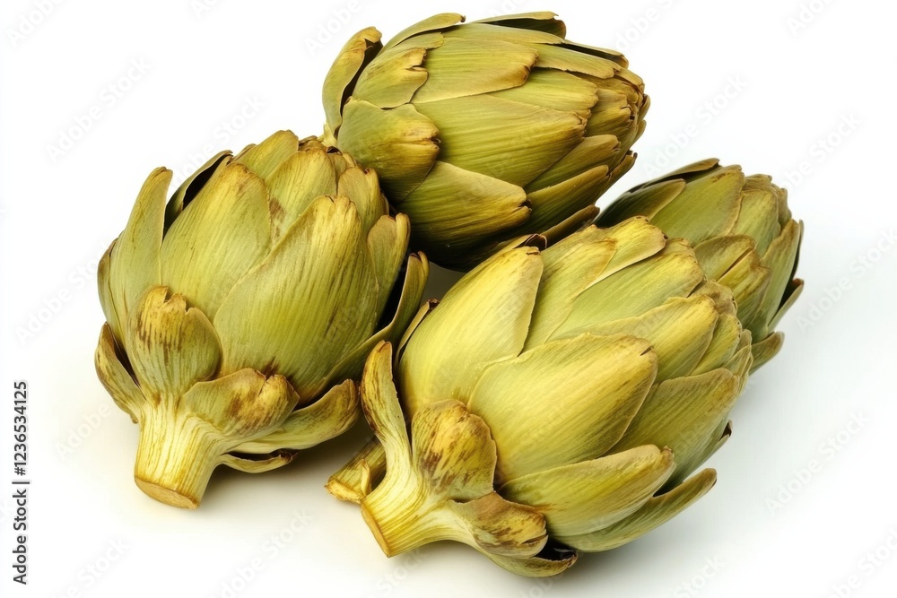Obraz premium Deliciously presented canned artichokes on a pristine white backdrop highlighting their vibrant green hues