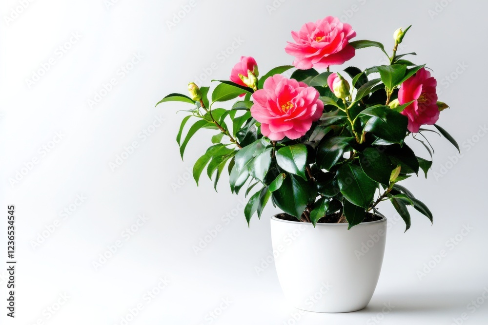 Fototapeta premium Beautiful camellia blooms in a stylish pot showcasing vibrant colors against a pristine background