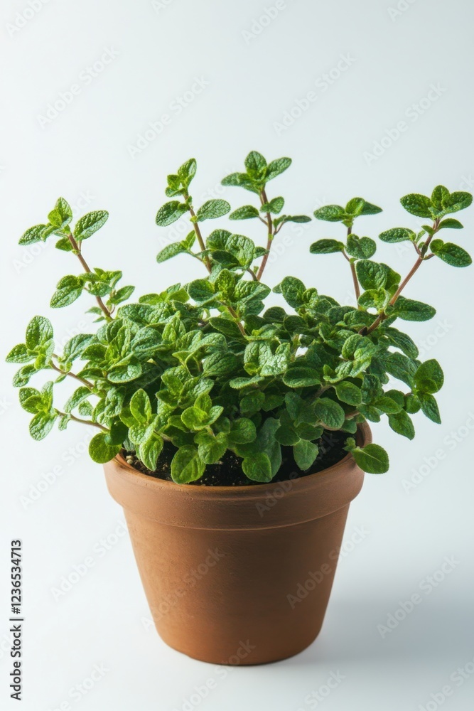 Calypso herb in a stylish terracotta pot standing out against a minimalist white backdrop Calypso herb in a stylish terracotta pot standing out against a minimalist white backdrop