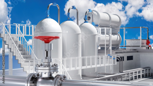 Modern plant. Factory exterior. High pressure tanks on plant territory. Gas supply pipe near manufactory. Plant for production liquefied gas. Factory under blue sky. Industrial enterprises. 3d image