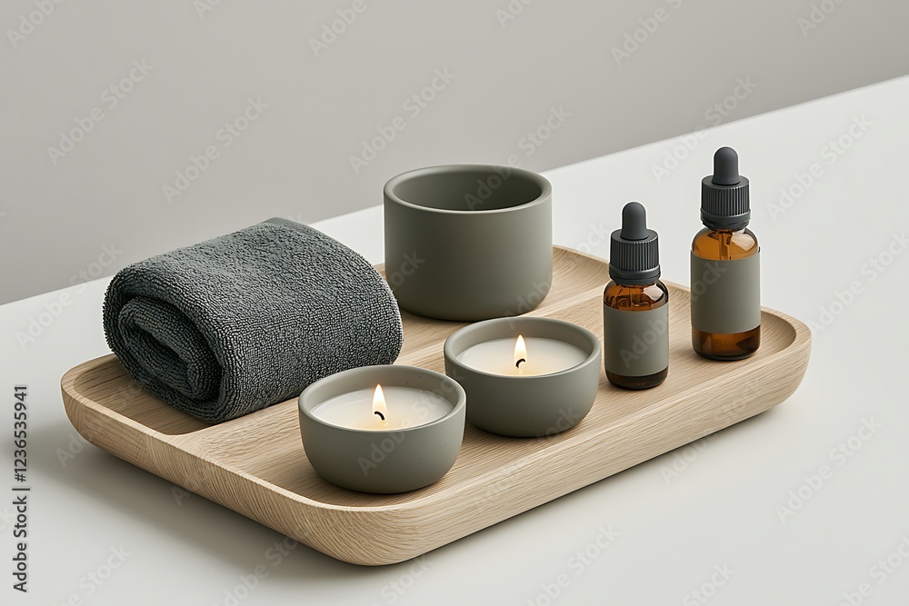 Naklejka premium Minimalist Spa Tray: Rolled Towel, Scented Candles, Essential Oil Bottles, Neutral Tones.