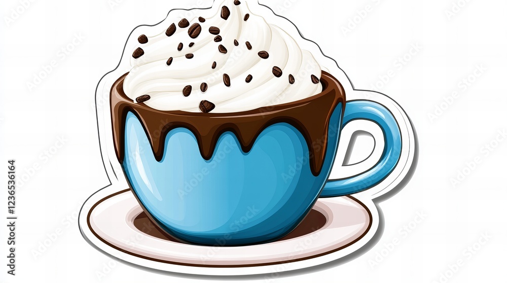 Delicious hot chocolate with whipped cream and chocolate shavings in a blue mug. Delicious hot chocolate with whipped cream and chocolate shavings in a blue mug.