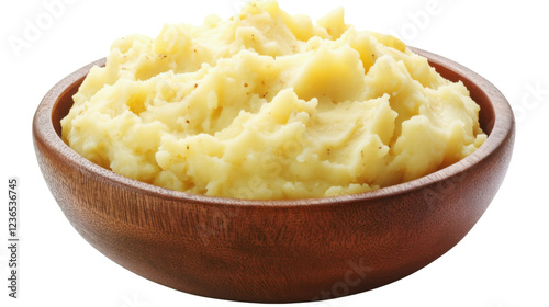 Creamy mashed potatoes served in wooden bowl on transparent background photo