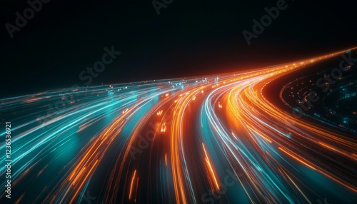 Abstract Light Trails of Traffic Flowing on a Highway at Night, Long Exposure, Motion Blur