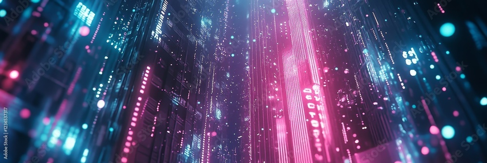 Obraz premium Financial Data Visualization Bright Pink and Blue Trending Lines Against Dark Background