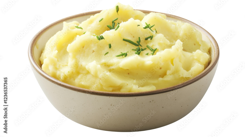 Bowl of mashed potatoes garnished with chives on transparent background Bowl of mashed potatoes garnished with chives on transparent background