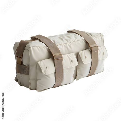 Bedside Caddies with Adjustable Straps - White Duff Bag with Brown Straps Isolated on Transparent Background