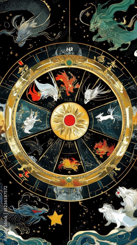 Obraz premium Celestial Zodiac Wheel Mythical Creatures, Astrology, Dark Background, Mystical Art.