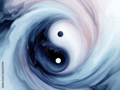 Yin Yang Symbol in Swirling Blue and White Abstract Art