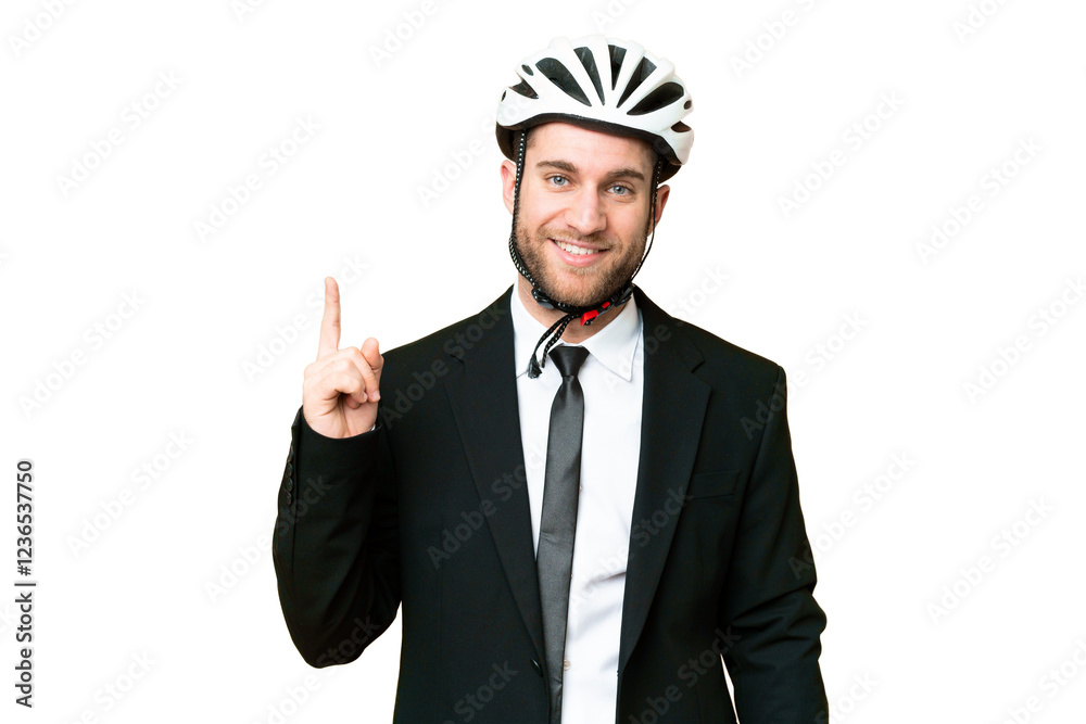 Business person with a bike helmet over isolated chroma key background showing and lifting a finger in sign of the best Business person with a bike helmet over isolated chroma key background showing and lifting a finger in sign of the best