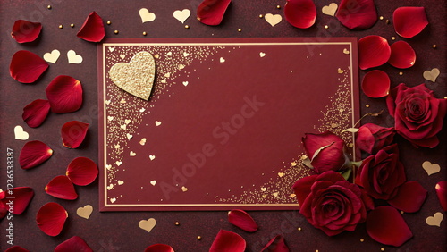 Valentine's day background with rose petals, hearts and golden frame.