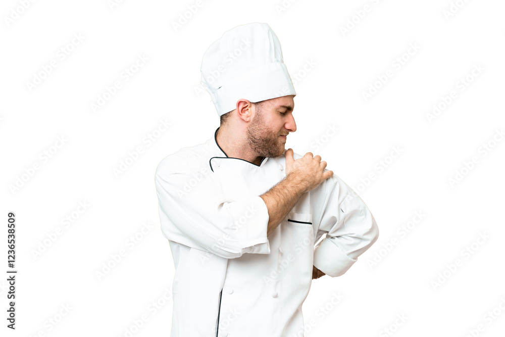 Young blonde man Chef over isolated chroma key background suffering from pain in shoulder for having made an effort Young blonde man Chef over isolated chroma key background suffering from pain in shoulder for having made an effort