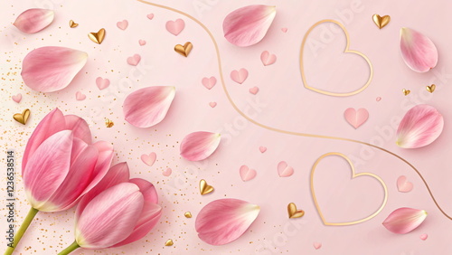 Valentine's day background with pink tulip flowers and golden hearts.