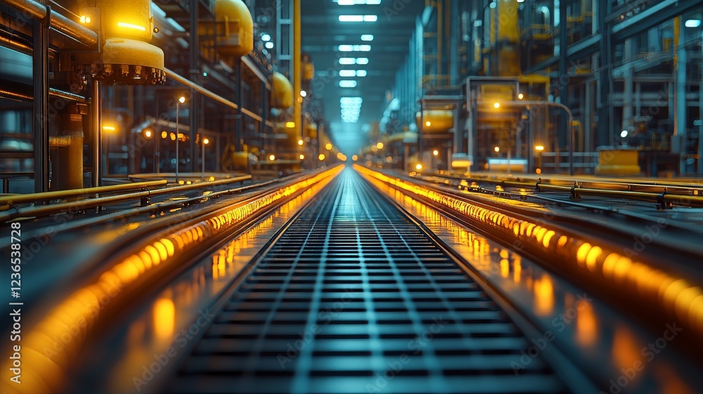 Illuminated walkway in a futuristic industrial facility.