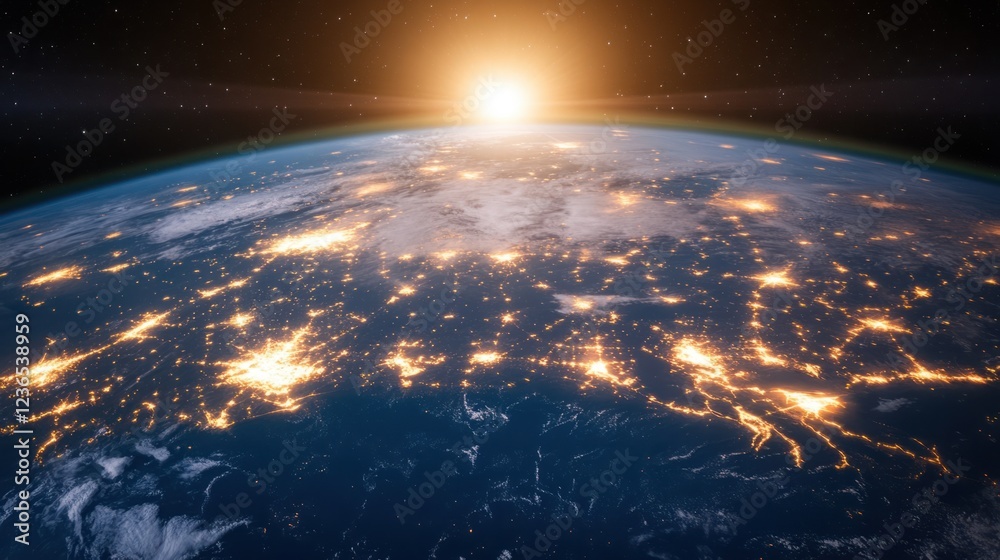 Obraz premium Stunning Aerial View of Earth During Sunrise Showcasing Bright City Lights and Ocean Surface with Beautiful Sun Rays Illuminating the Horizon