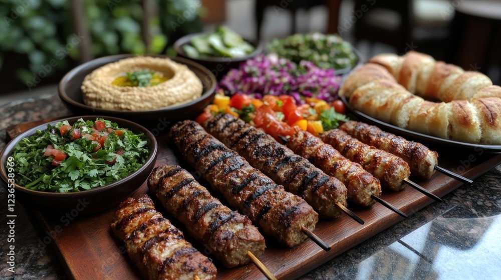 Obraz premium Grilled kebabs, mezze platter, outdoor restaurant