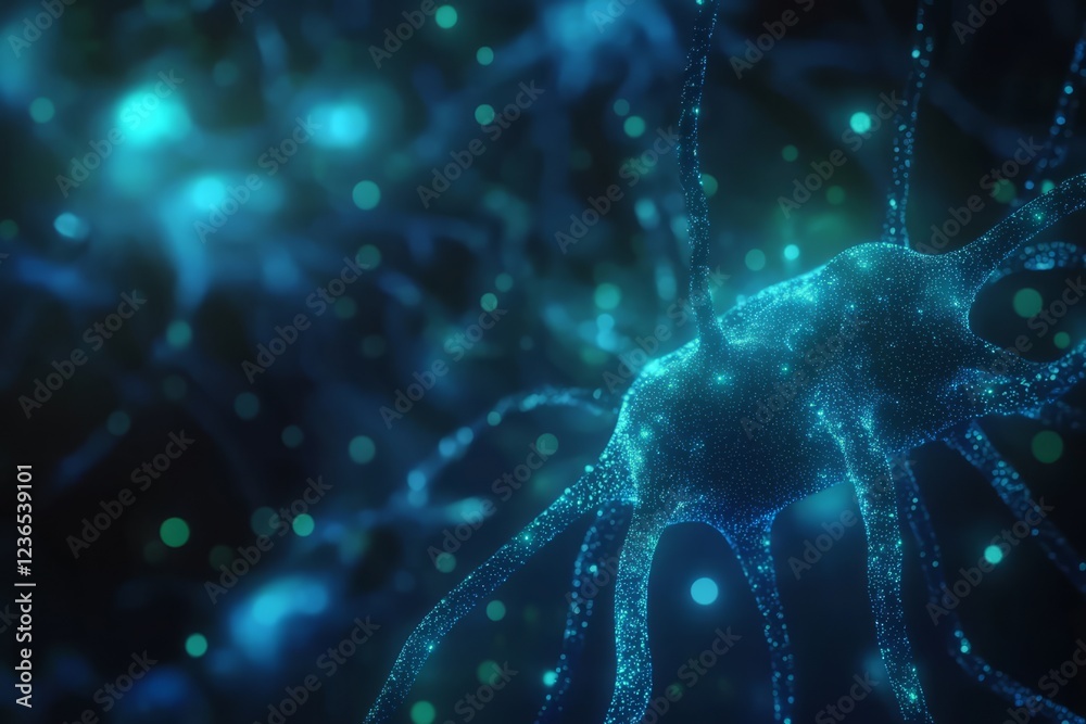 Microscopic View Of A Neuron, Glowing Blue. Microscopic View Of A Neuron, Glowing Blue.