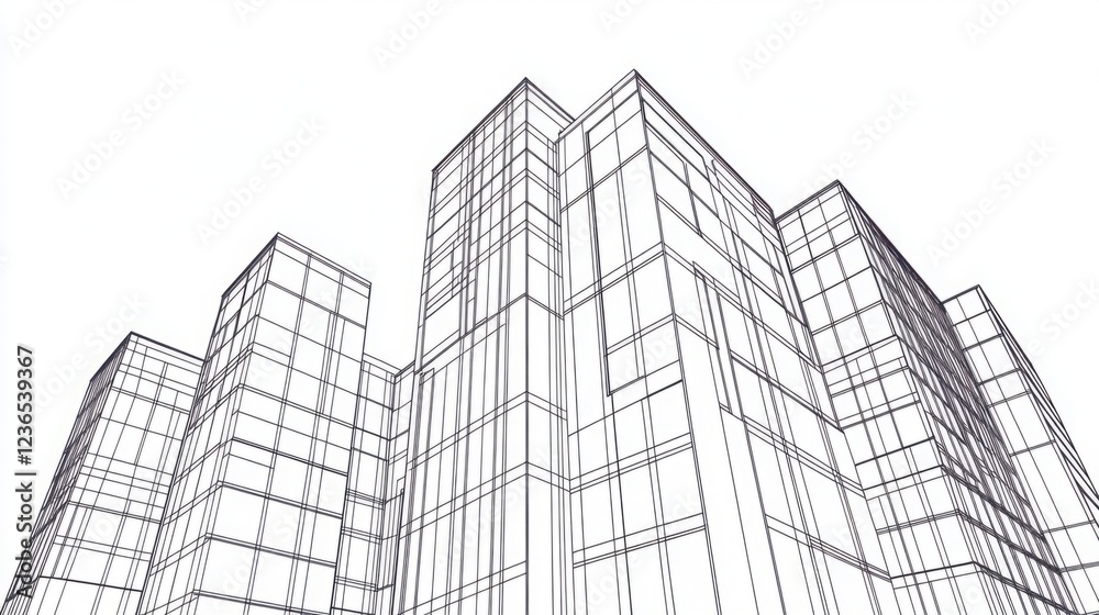 Fototapeta premium Architectural Blueprint of Modern Skyscraper with Geometric Lines and Abstract Structure against Minimalist Background