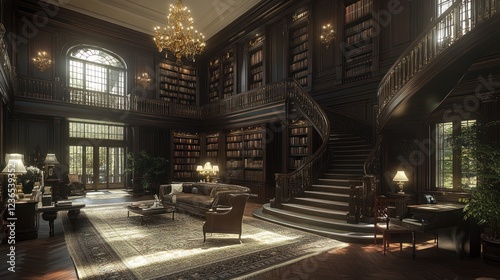 Grand library mansion interior, sunlit, reading photo