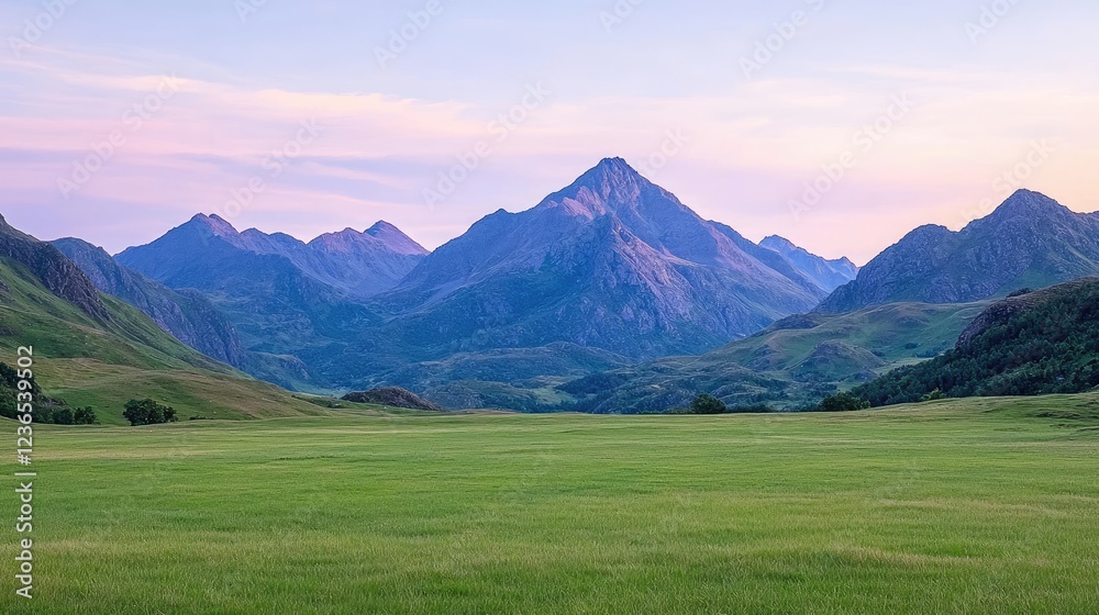 Naklejka premium Majestic mountain range at sunset, serene valley, peaceful landscape, travel poster