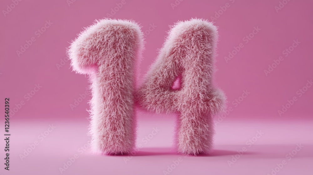3D rendering of a Number 14 made of pink fluffy on pink background studio lighting minimalist artwork simple and clean 3D rendering of a Number 14 made of pink fluffy on pink background studio lighting minimalist artwork simple and clean