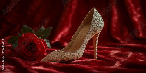 Luxury Wedding Stiletto High Heel with a Fresh Red Rose on a Crimson Silk Background. Fashion and Wedding Celebrating Concept