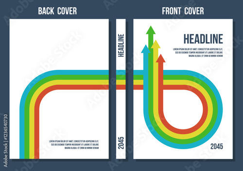 back and front covers with red yellow green blue arrows, vector retro styled template, business strategy or corporate annual report template