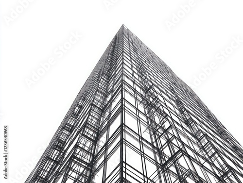 Austere Architectural Design of a Modern Skyscraper with Exposed Framework against a Bright White Sky Capturing Minimalist Aesthetic and Urban Vibe #1236540968