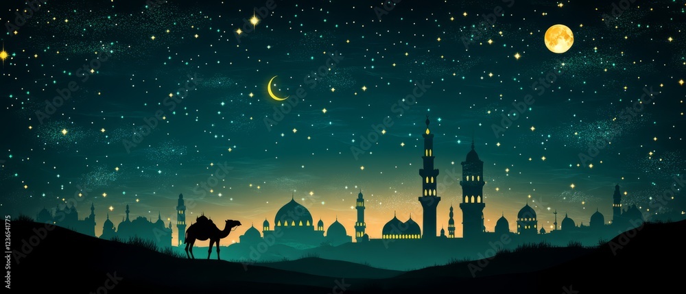 Naklejka premium Silhouette Of Camel And Mosque At Night Under Starry Sky.