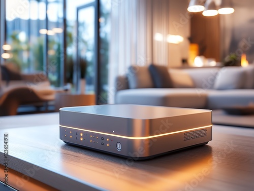 A compact network repeater glowing softly in a modern living room