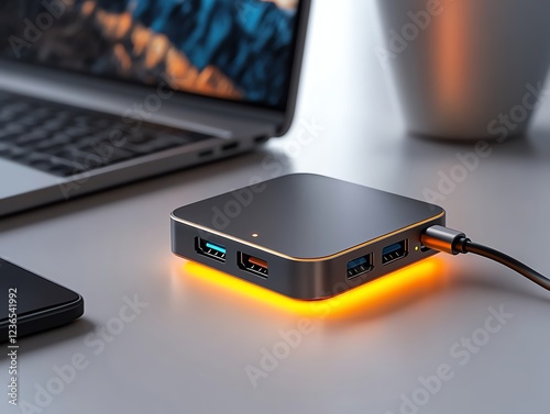 A compact USBC adapter glowing faintly in a minimalist workspace