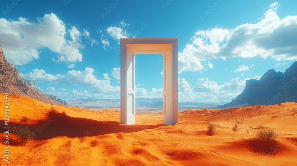 Open door in a desert landscape under a bright blue sky. Open door in a desert landscape under a bright blue sky.