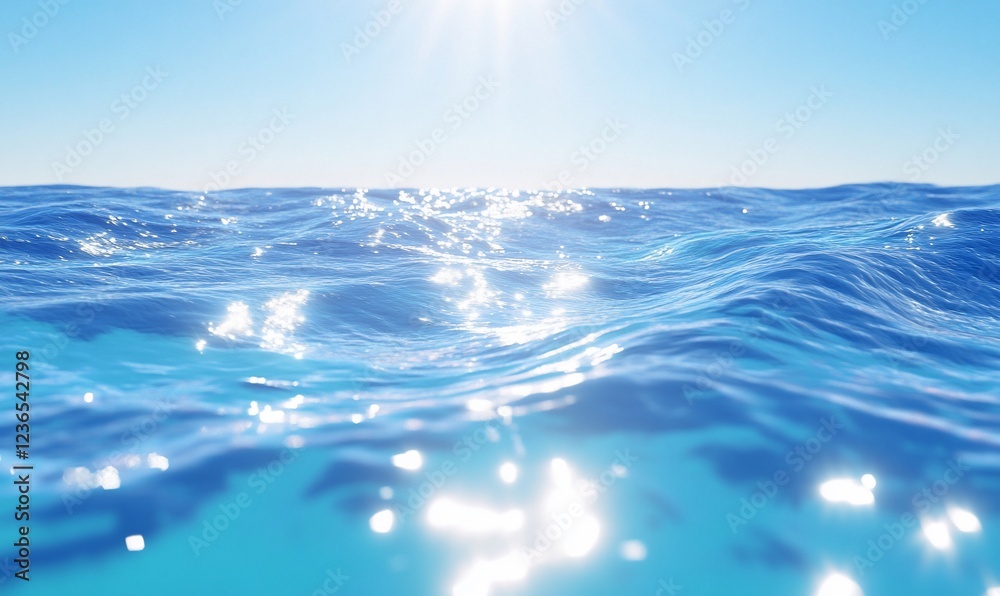 Sunny ocean waves, clear blue water, horizon background; travel, nature Sunny ocean waves, clear blue water, horizon background; travel, nature