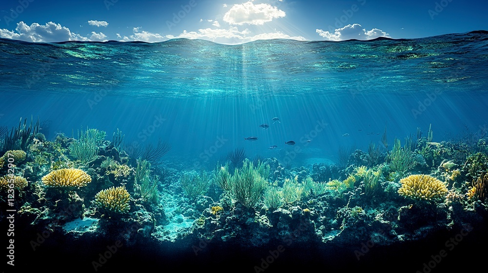 Vibrant Underwater Coral Reef Scene With Sunbeams and Fish Vibrant Underwater Coral Reef Scene With Sunbeams and Fish