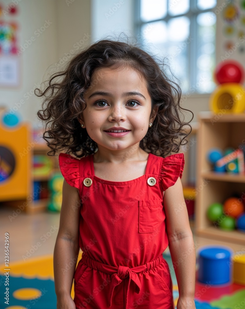 Toddler Latin girl playful curly brown hair red jumpsuit on daycare playroom with colorful toys background Toddler Latin girl playful curly brown hair red jumpsuit on daycare playroom with colorful toys background