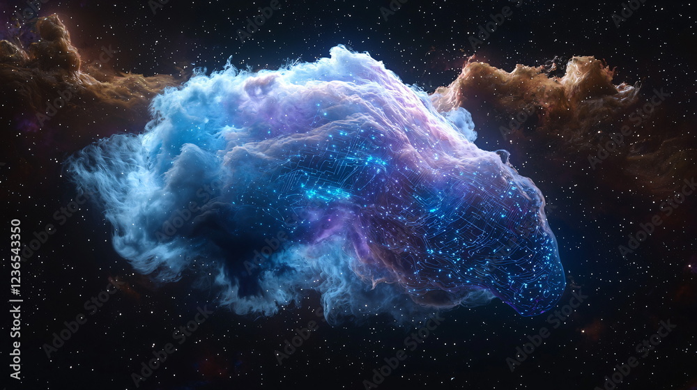 Obraz premium A vibrant cosmic cloud swirling with shades of blue, purple, and hints of sparkling stars set against a dark space backdrop, creating a stunning celestial scene.