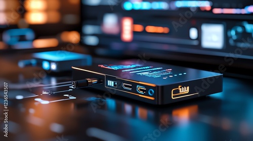 A glowing USB hub connected to multiple futuristic devices