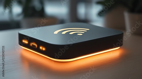 A portable WiFi dongle glowing on a sleek wooden table