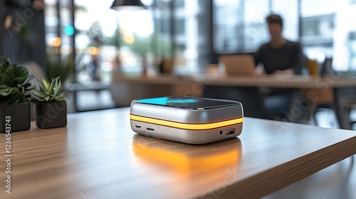 A portable WiFi dongle glowing on a sleek wooden table