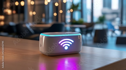 A portable WiFi dongle glowing on a sleek wooden table