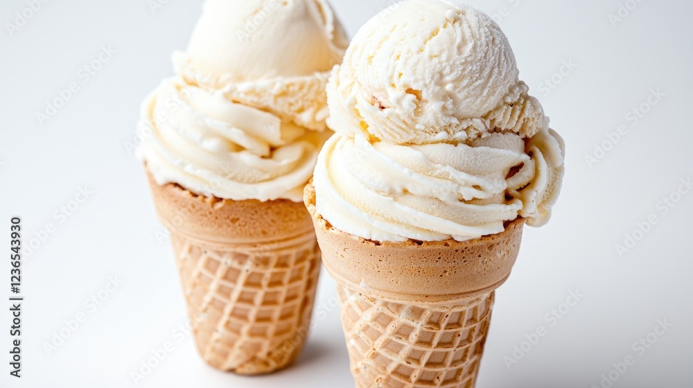 Two vanilla ice cream cones on white background; summer treat Two vanilla ice cream cones on white background; summer treat