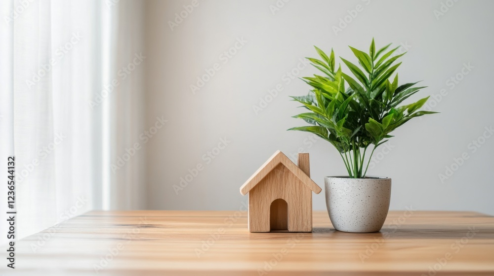 Fototapeta premium Modern wooden table with house shaped decor and potted plant